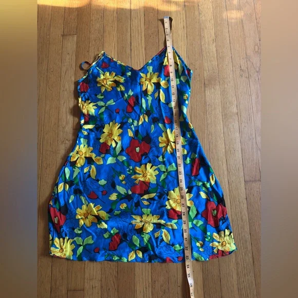 90s Vintage Bright Blue Floral Silk Slip Dress - Picture 8 of 8